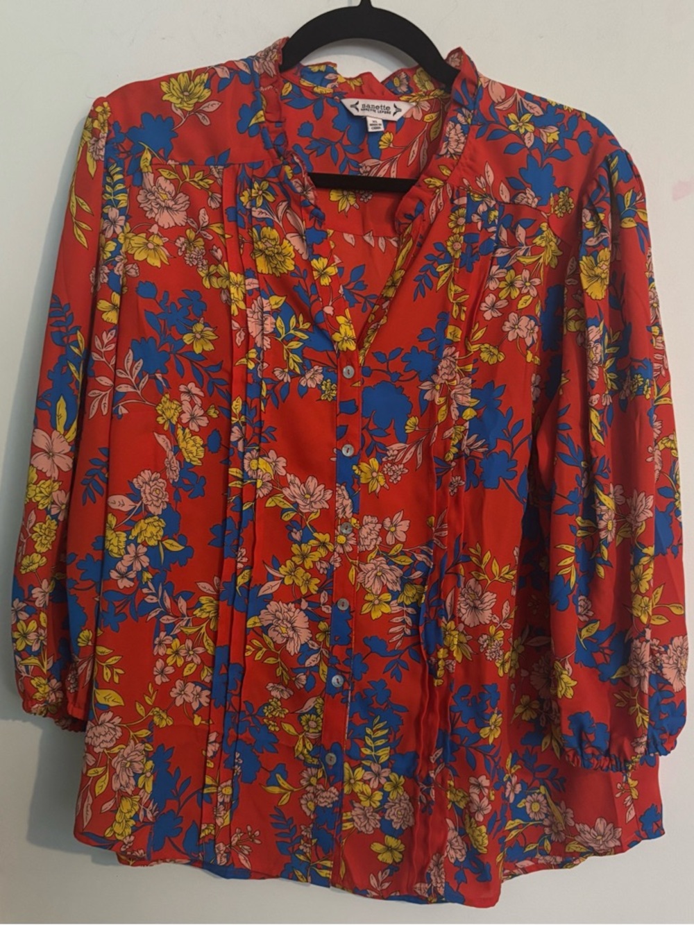 Nanette Lepore Womens XL Floral 3/4 Sleeve Blouse Red Crepe Chiffon Elastic Cuff